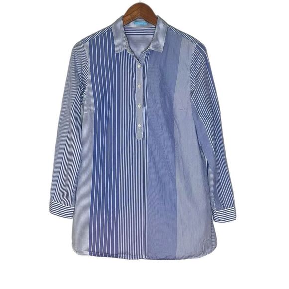 J. McLaughlin Blue White Stripe Button Cotton Popover Blouse Tunic Size Medium - Picture 1 of 4